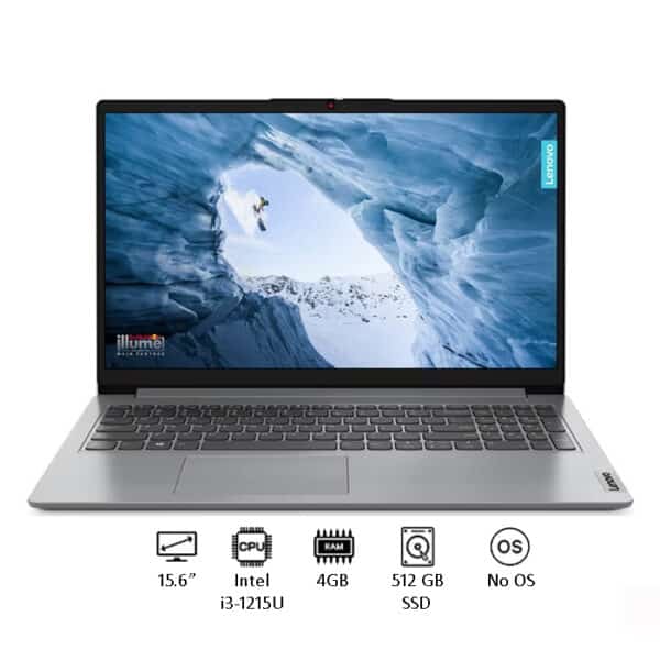لابتوب لينوفو IdeaPad 1 15IAU7 (الموديل: 82QD00BQAD)، معالج Intel Core i3-1215U من الجيل الثاني عشر، ذاكرة RAM سعة 4 جيجابايت، قرص SSD بسعة 512 جيجابايت، شاشة 15.6 بوصة HD، بدون نظام تشغيل (Free DOS)، لون رمادي سحابي (Cloud Grey) + حقيبة مجانية