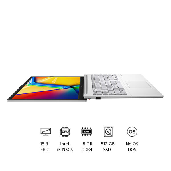 لابتوب أسوس فيفوبوك E1504GA-NJ340، معالج Intel Core i3-N305 (8 نوى)، ذاكرة RAM سعة 8 جيجابايت، قرص SSD سعة 512 جيجابايت، شاشة 15.6 بوصة FHD، رسومات Intel UHD، بدون نظام تشغيل (Free DOS)، اللون الفضي الرائع (Cool Silver)