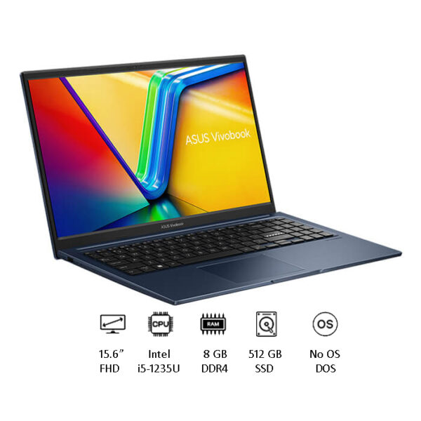لابتوب أسوس فيفوبوك X1504ZA-NJ657، معالج Intel Core i5-1235U الجيل الثاني عشر، رام 8 جيجابايت، قرص SSD سعة 512 جيجابايت، شاشة 15.6 بوصة FHD، رسومات Intel Iris Xe، بدون نظام تشغيل (Free DOS)، اللون الأزرق الهادئ (Quiet Blue)