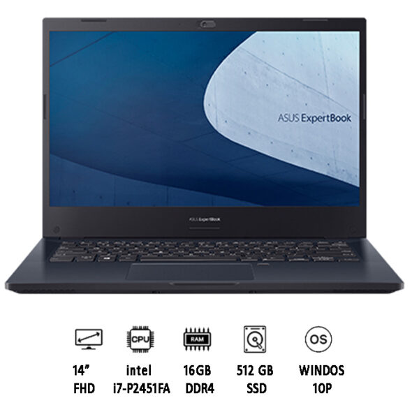 لابتوب ASUS P2451FA-EK0819R، معالج Intel Core i7 من الجيل العاشر، ذاكرة 16 جيجابايت، قرص SSD سعة 512 جيجابايت، شاشة 14 بوصة، نظام Windows 10 Pro، مستشعر بصمة، وحدة TPM 2.0، لون أسود، ضمان 3 سنوات + حقيبة لابتوب