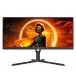 شاشة الألعاب AOC U34G3XM مقاس 34 بوصة – دقة WQHD 3440×1440، معدل تحديث 144 هرتز، زمن استجابة 1 مللي ثانية، لوحة VA، تقنية Adaptive Sync، نسبة عرض 21:9، منافذ HDMI + DisplayPort، اللون الأسود مع لمسات حمراء