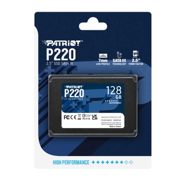 Patriot P220 128GB 2.5" SATA III SSD – Up to 550MB/s Read, 480MB/s Write, 7mm Thickness